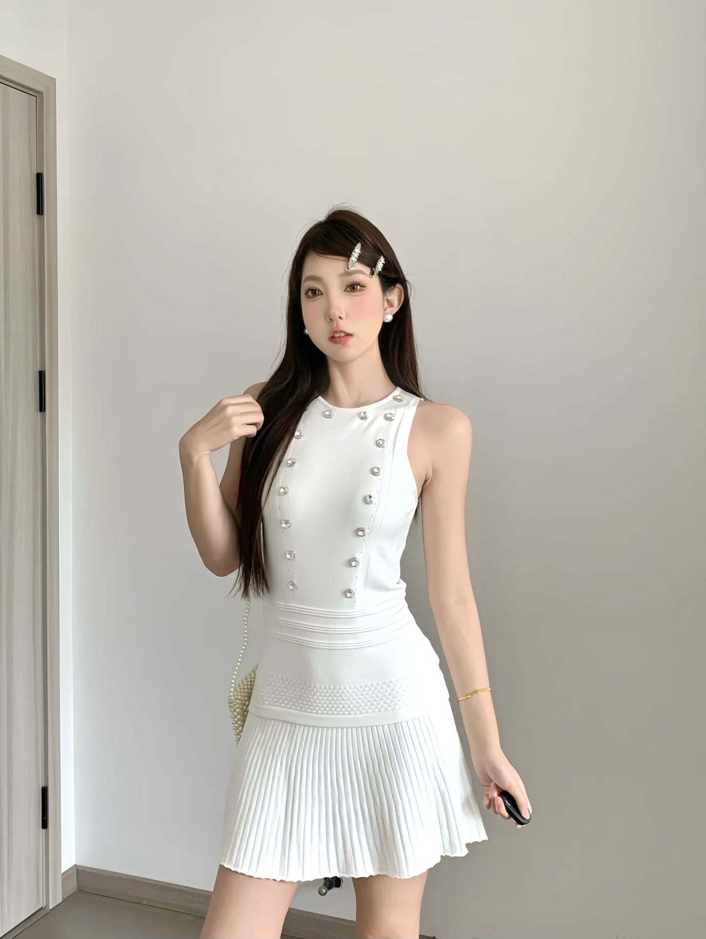 Slimming Round Neck Sleeveless Button Front Vest and Skirt Set