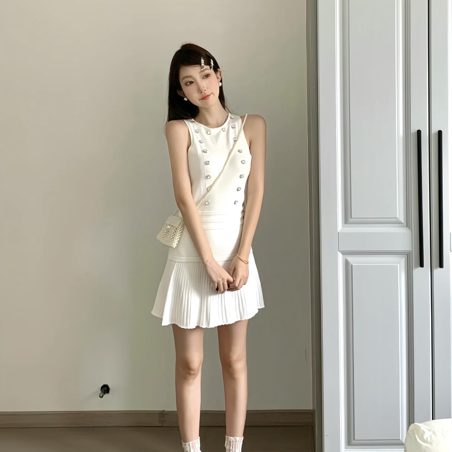 Slimming Round Neck Sleeveless Button Front Vest and Skirt Set - Image 5