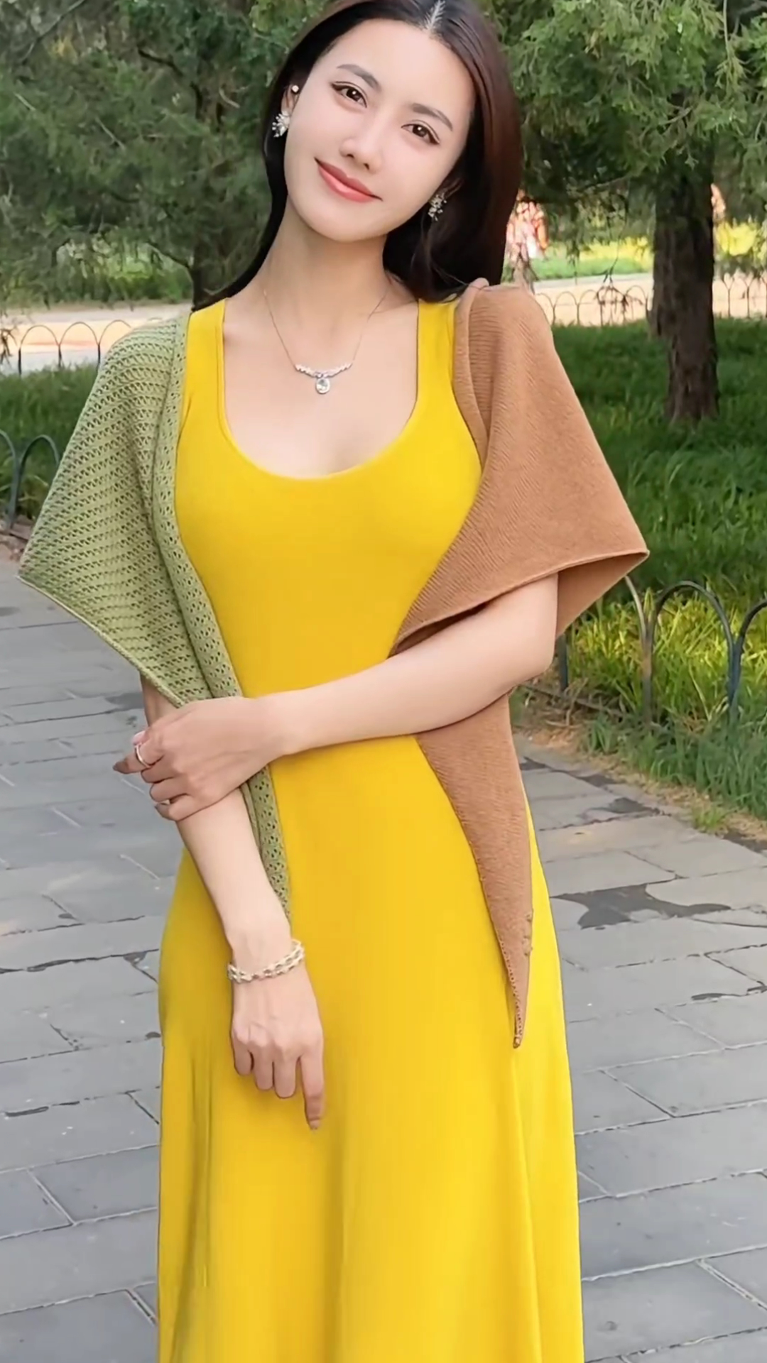 Elegant Slim Fit U Neck Tank Dress Women Midi Color Block Shawl Two Piece Set - Image 3