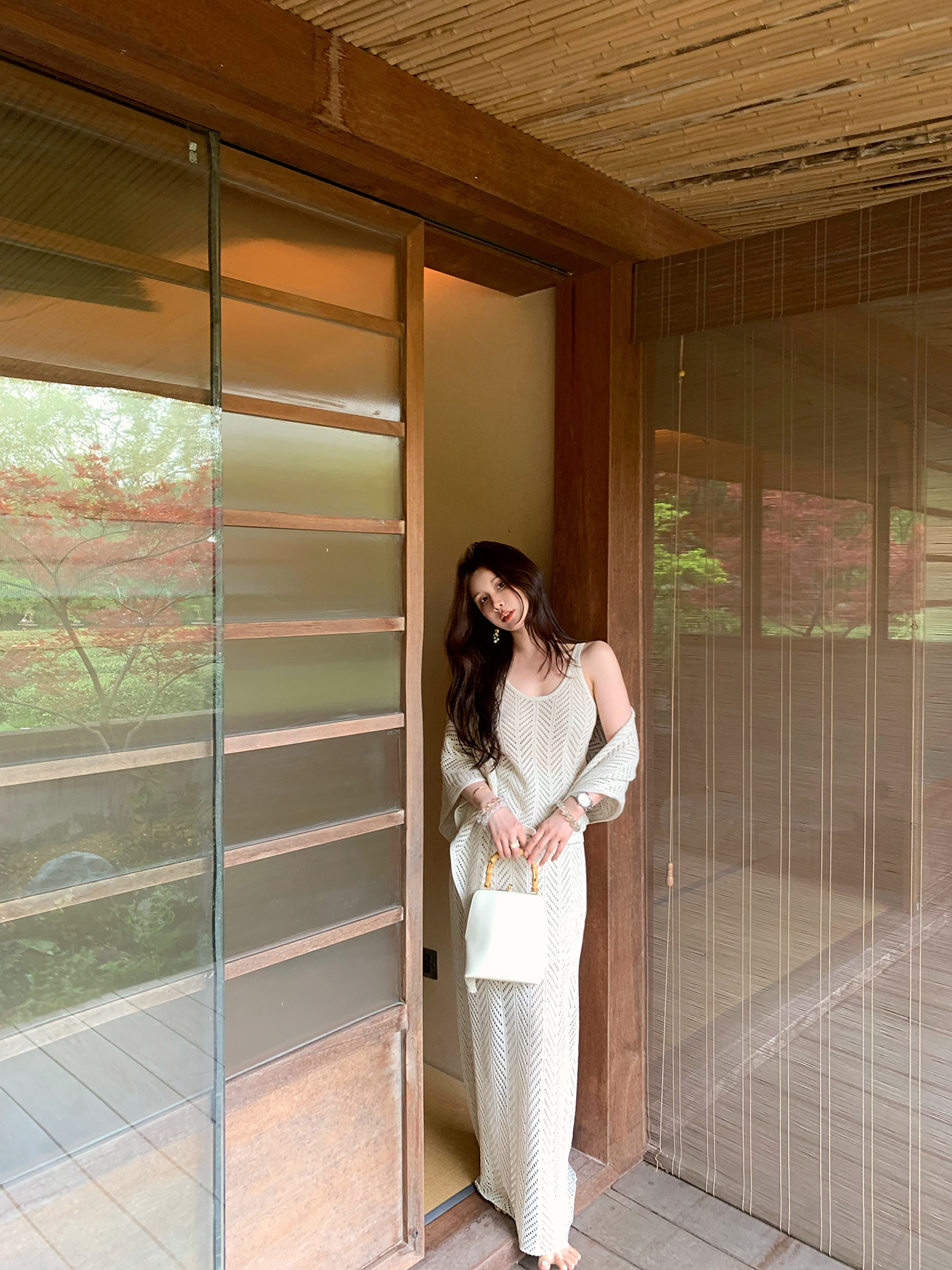 French Vacation Style 3-Piece Knit Set in Beige Apricot