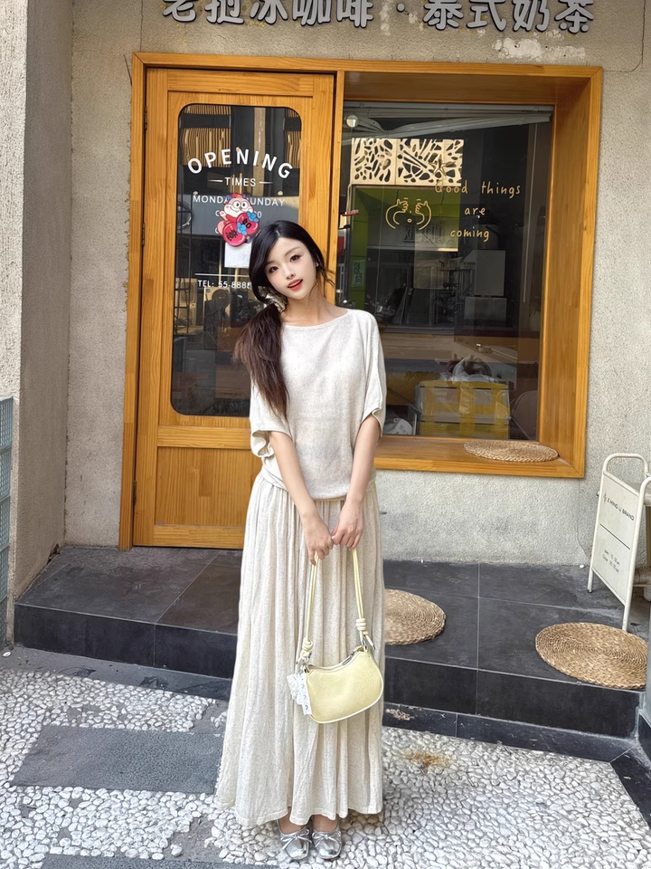 Women’s Linen-Feel Relaxed Top and Skirt Set Short Sleeve Long Flared Skirt Two-Piece