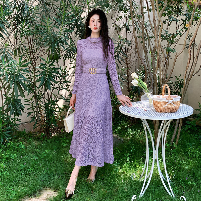 French Style Long Sleeve Lace Hollow Out High Waist Long Dress