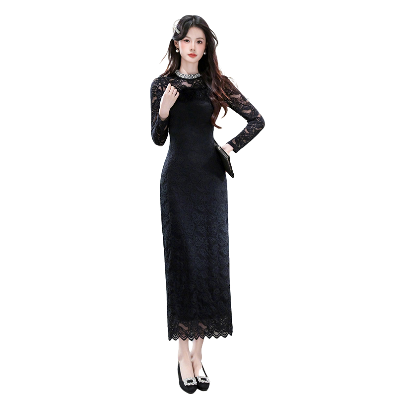 Elegant Lace Spliced Bodycon Midi Dress with Faux Mink Trim - Image 5