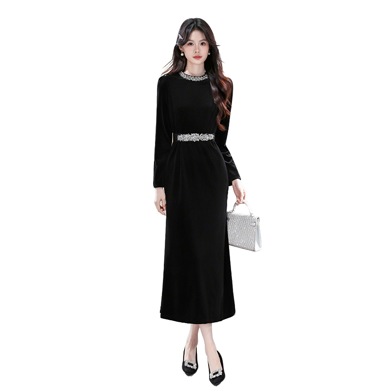 Black Velvet Mermaid Evening Dress with Belt Beaded Long Sleeve - Image 5