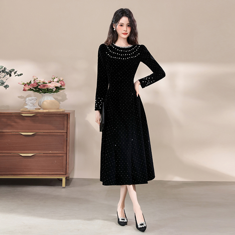 Women’s Black A-Line Midi Dress with Rhinestone Detail and Back Zip