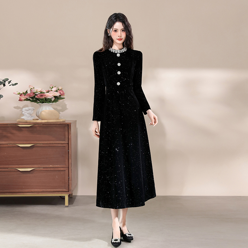 Sparkling Rhinestone A-Line Long Sleeve Midi Dress for Evening Events