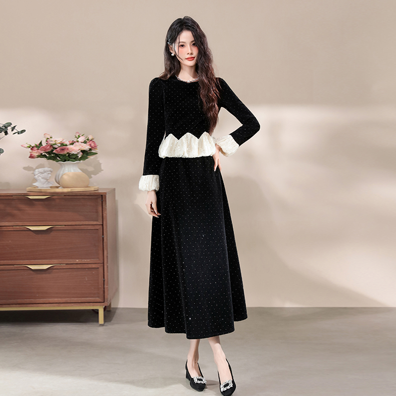 Women's A-Line Long Sleeve Mini-Style Dress with Rhinestone Ruffles and Cinched Waist - Image 2
