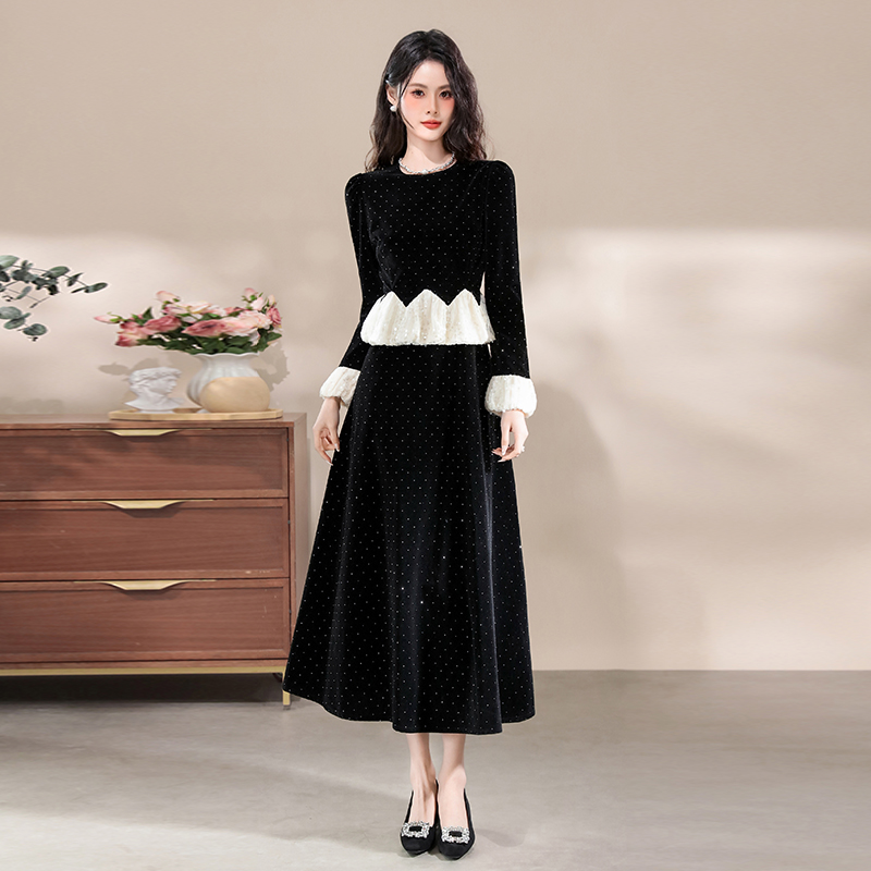 Women’s A-Line Long Sleeve Mini-Style Dress with Rhinestone Ruffles and Cinched Waist