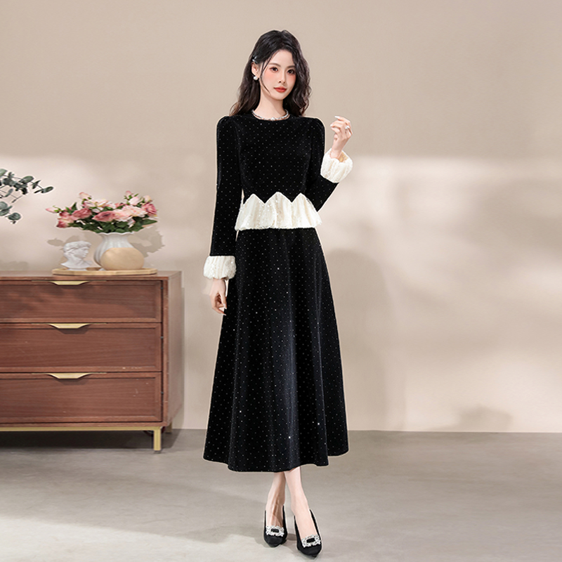 Women's A-Line Long Sleeve Mini-Style Dress with Rhinestone Ruffles and Cinched Waist - Image 4