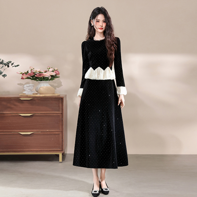 Women's A-Line Long Sleeve Mini-Style Dress with Rhinestone Ruffles and Cinched Waist - Image 3