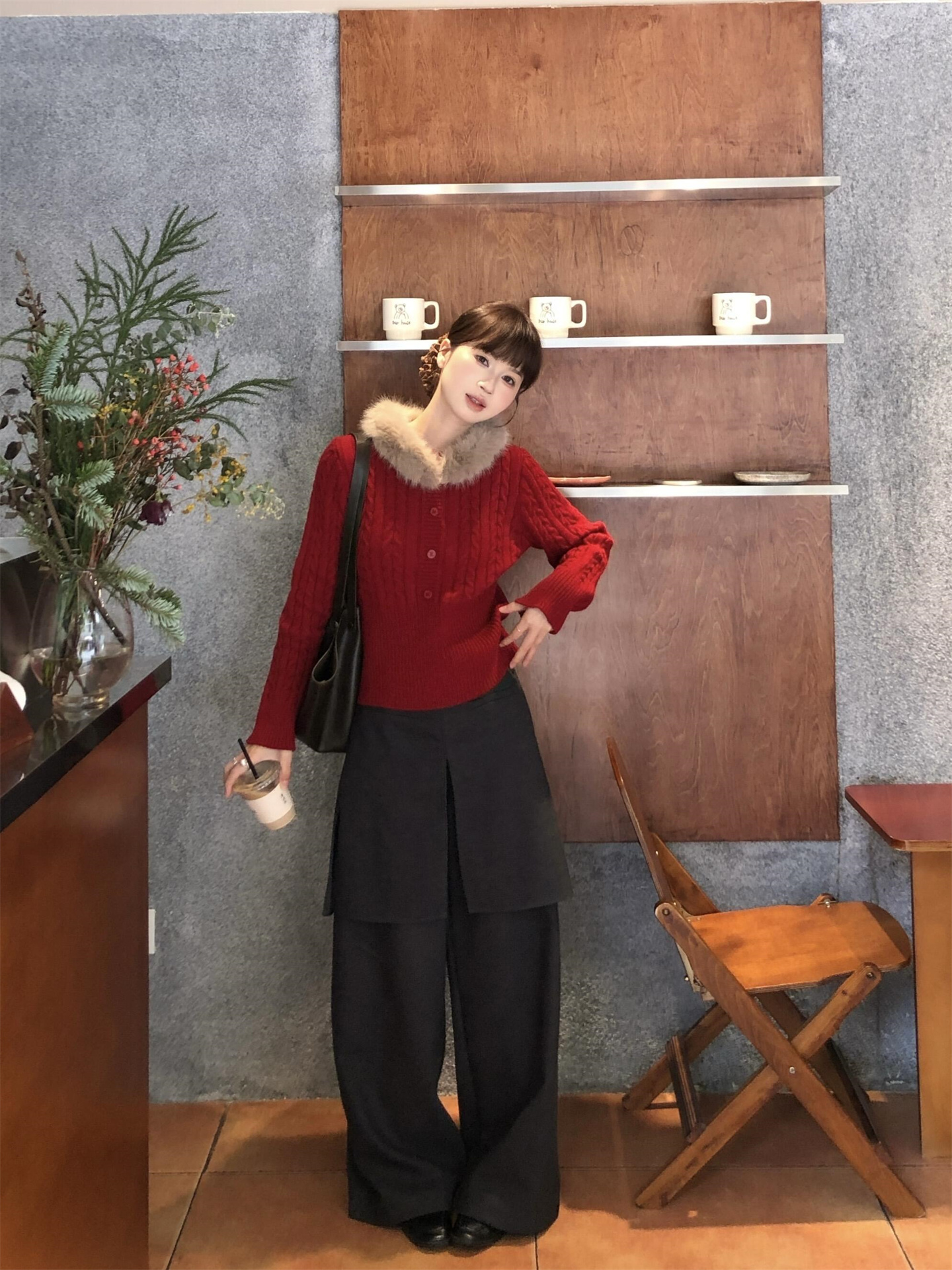 French Vintage Removable Fur Collar Cable Knit Sweater for Women - Image 2