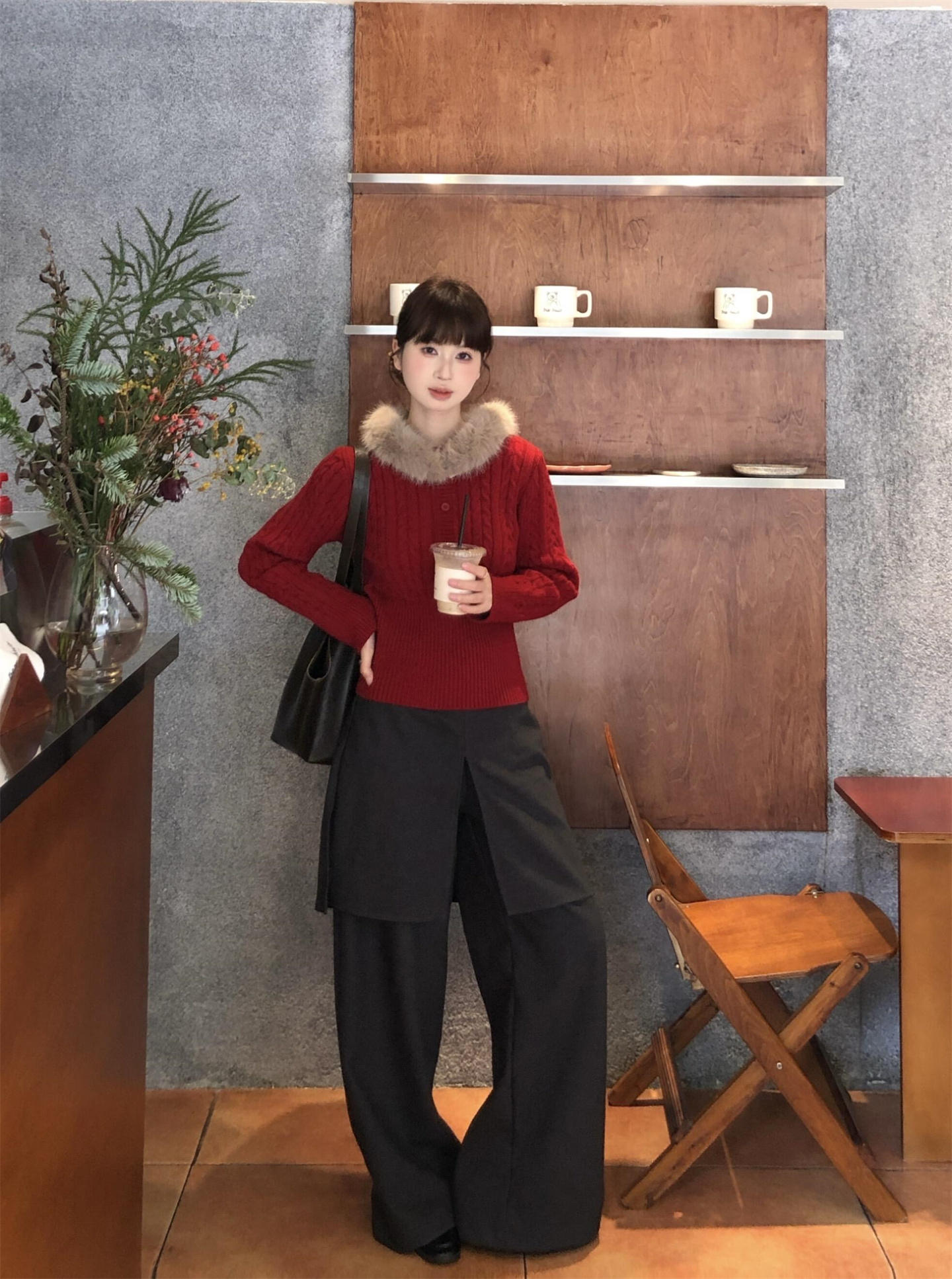 French Vintage Removable Fur Collar Cable Knit Sweater for Women - Image 3