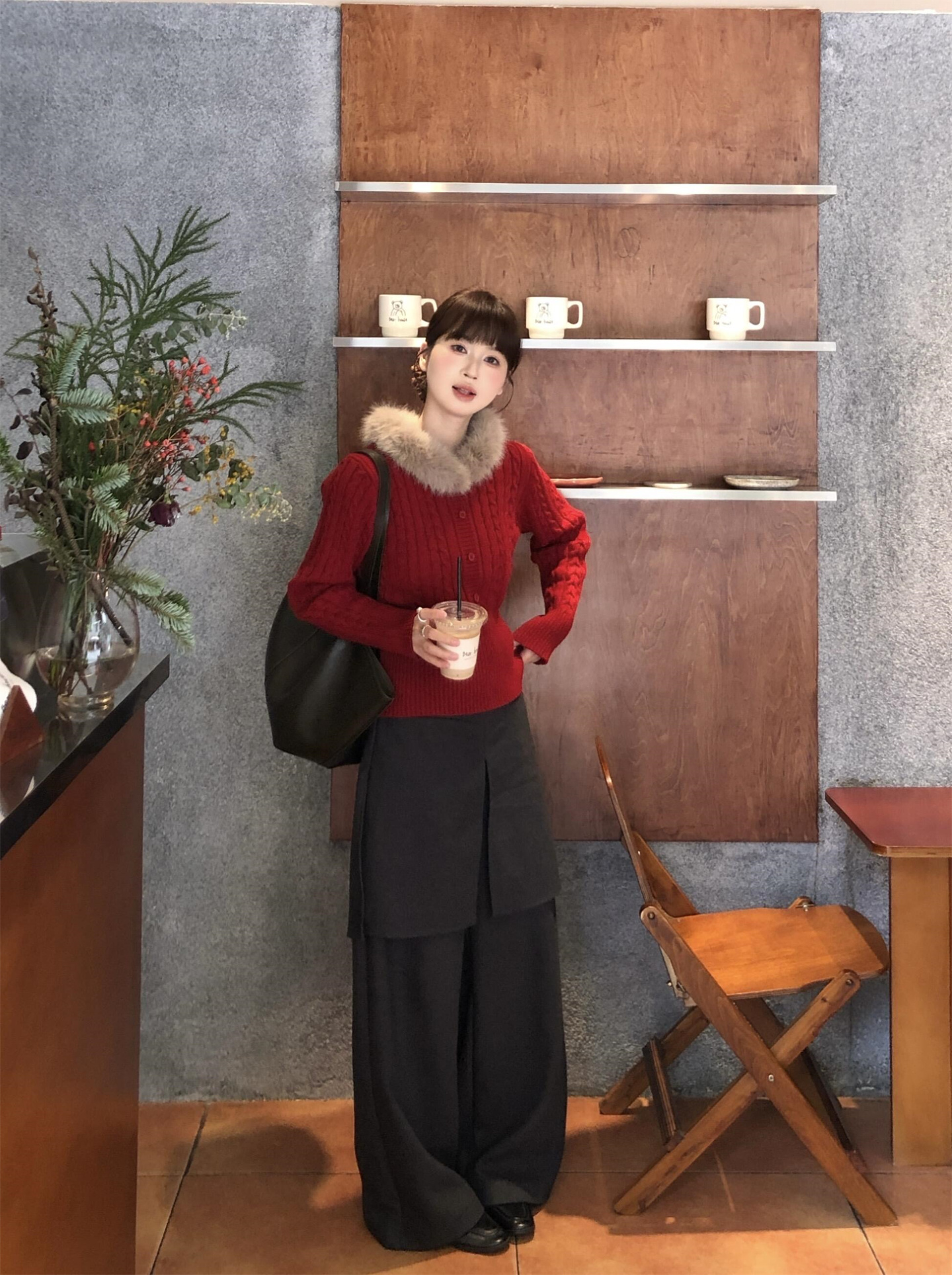 French Vintage Removable Fur Collar Cable Knit Sweater for Women - Image 4