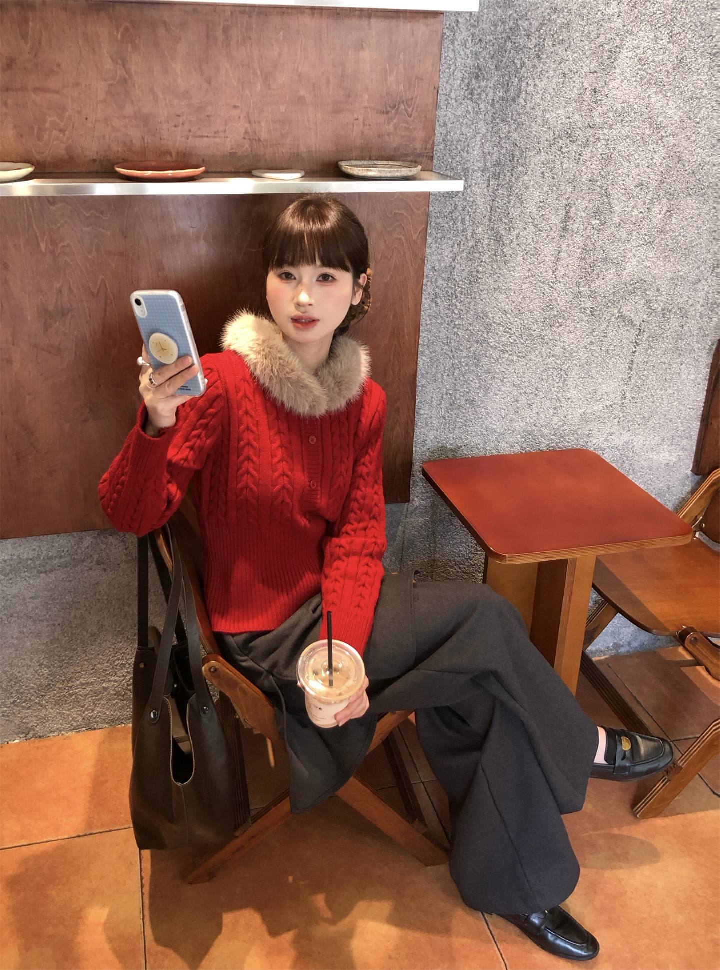 French Vintage Removable Fur Collar Cable Knit Sweater for Women