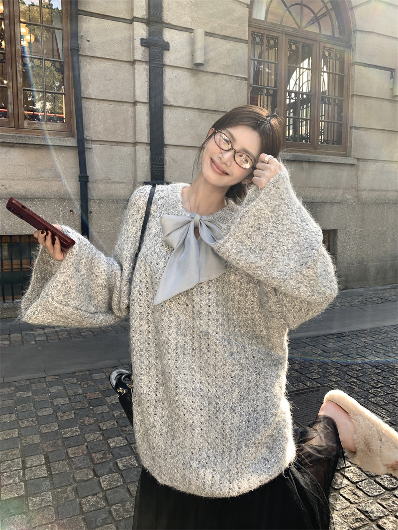 Lazy Style Loose Fit Reversible Bow Pullover Sweater for Women