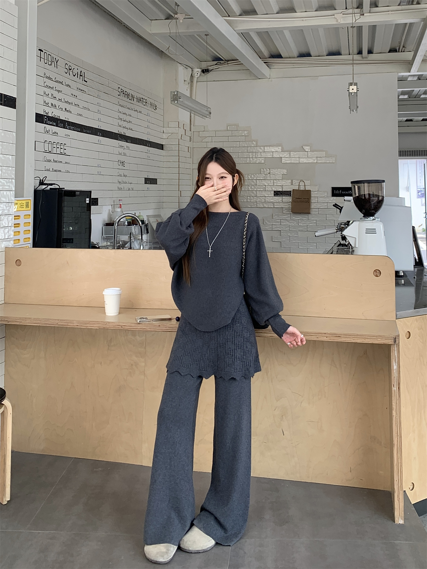 Sweet Two-Piece Knit Sweater and Faux-Layered Pants Set for Women