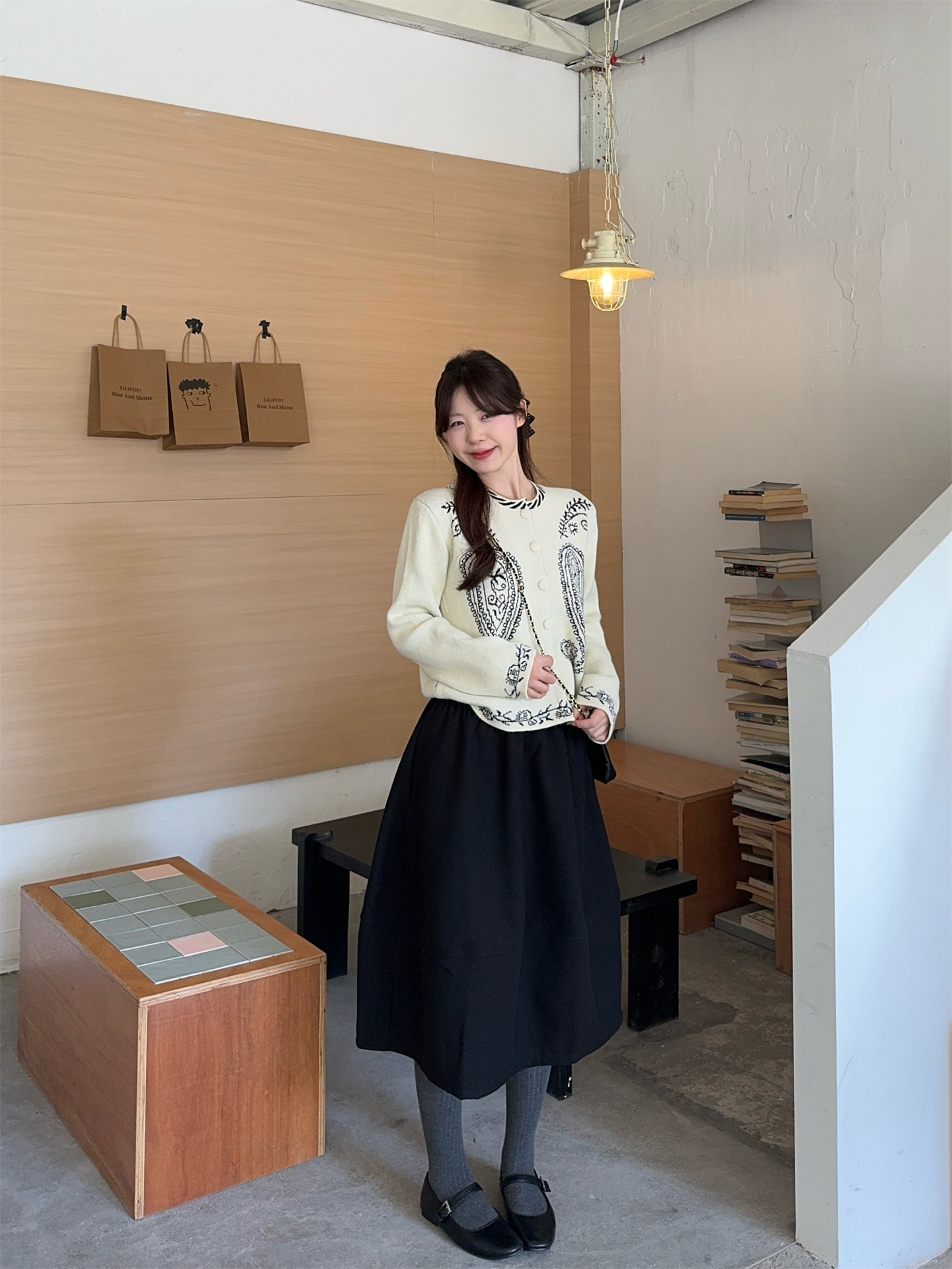 French Retro Jacquard Sweater and Wool Blend Bubble Skirt Two-Piece Set - Image 2