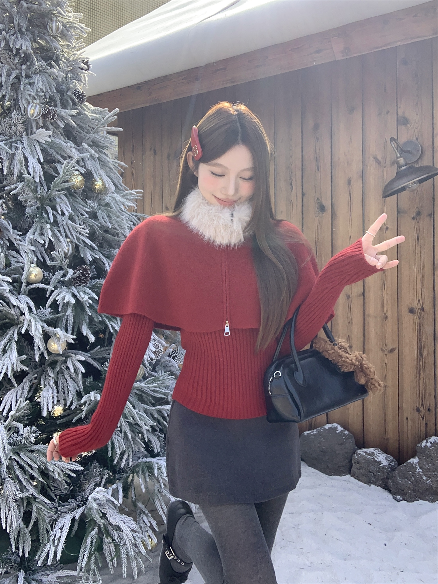 Sweet Red Cape Sweater 3-Piece Set for Women | Knit Pullover for Spring Autumn Winter
