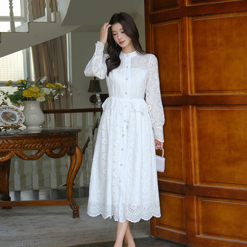 French Style Lace Embroidered Midi Dress with Hollow Out Design