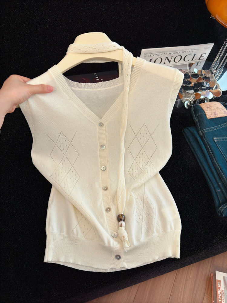 Women’s Summer Knit Cardigan with Ribbon Detail and Diamond Lattice Openwork Vest