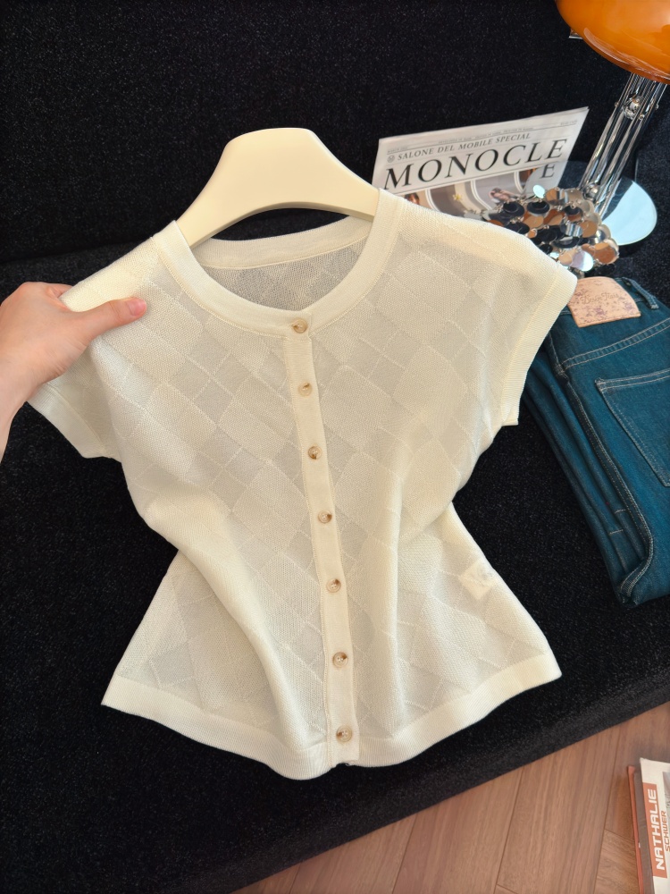 Women’s Korean Style Argyle Short Sleeve Knit Cardigan Summer Slimming Comfortable Elegant Top