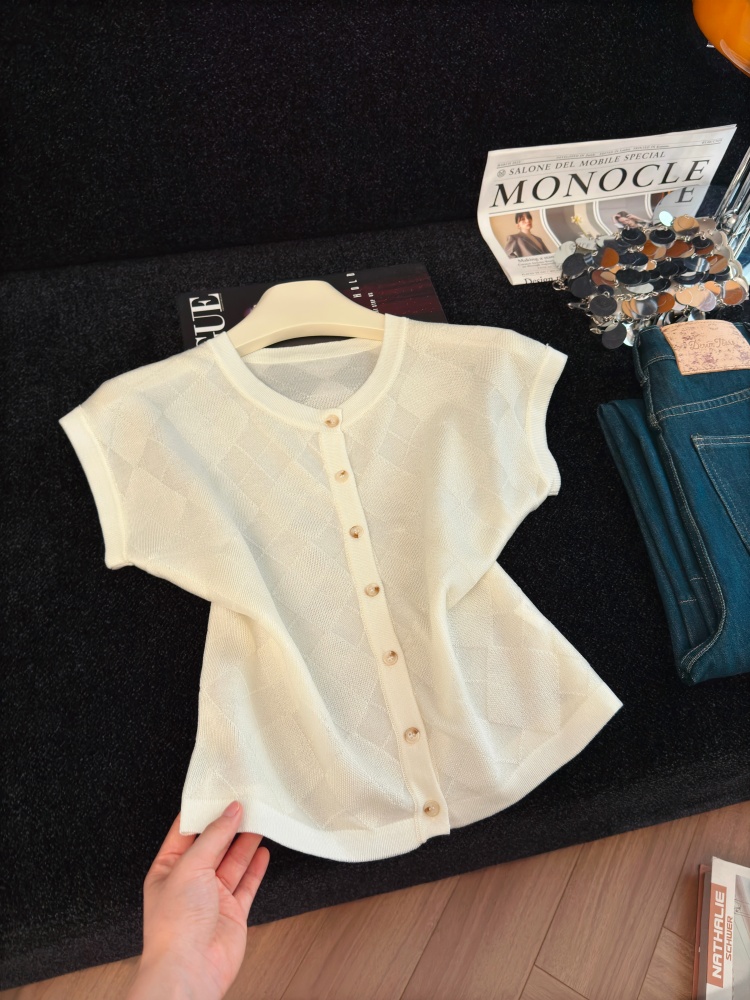 Women's Korean Style Argyle Short Sleeve Knit Cardigan Summer Slimming Comfortable Elegant Top - Image 2