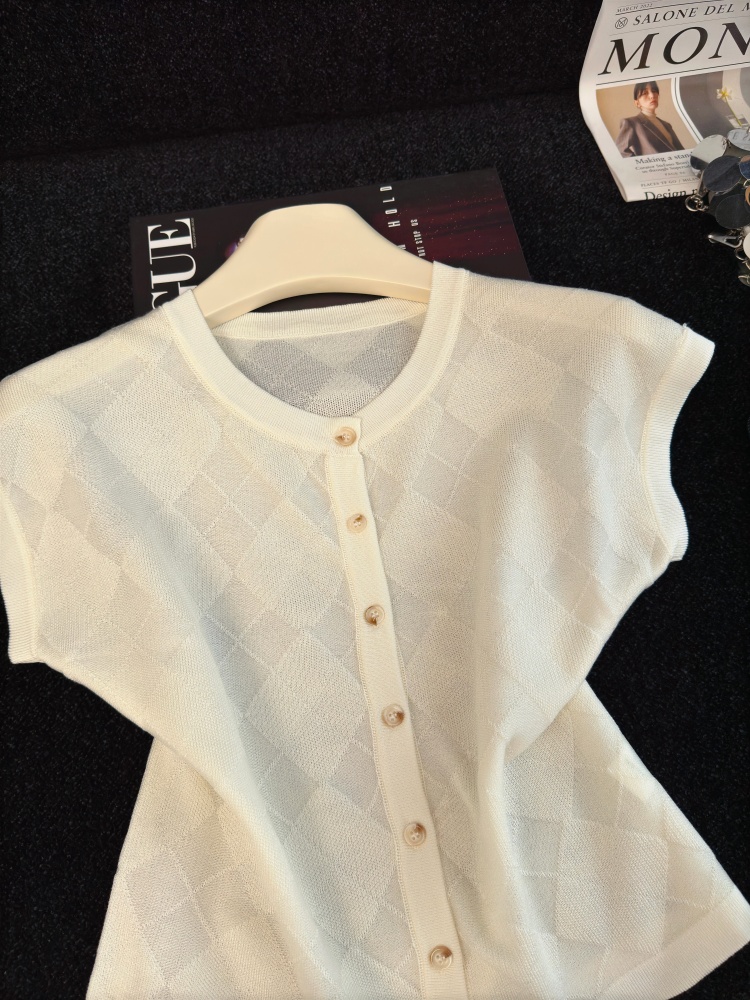 Women's Korean Style Argyle Short Sleeve Knit Cardigan Summer Slimming Comfortable Elegant Top - Image 3