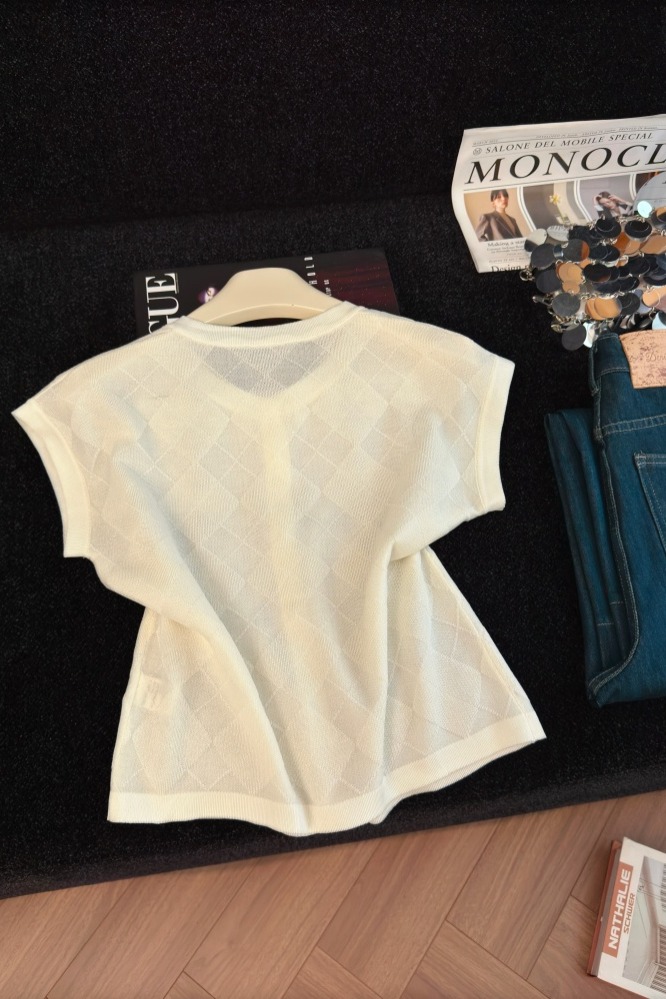 Women's Korean Style Argyle Short Sleeve Knit Cardigan Summer Slimming Comfortable Elegant Top - Image 5