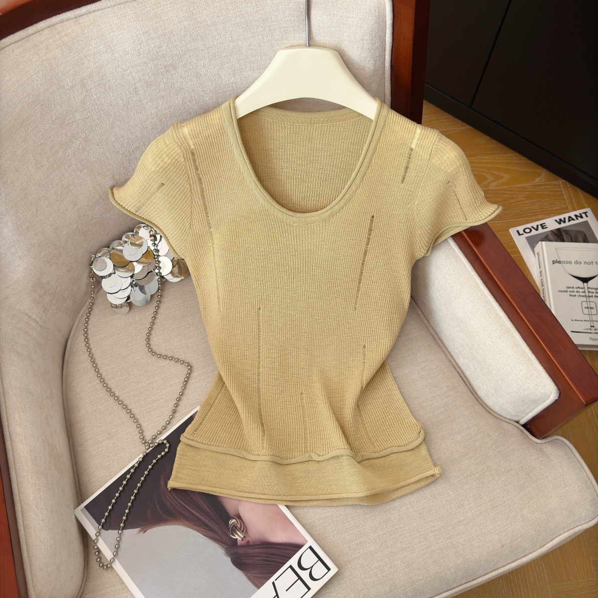 Women's Summer Openwork Knit Top Sweet Cool Style Slimming Versatile Short Sleeve - Image 2