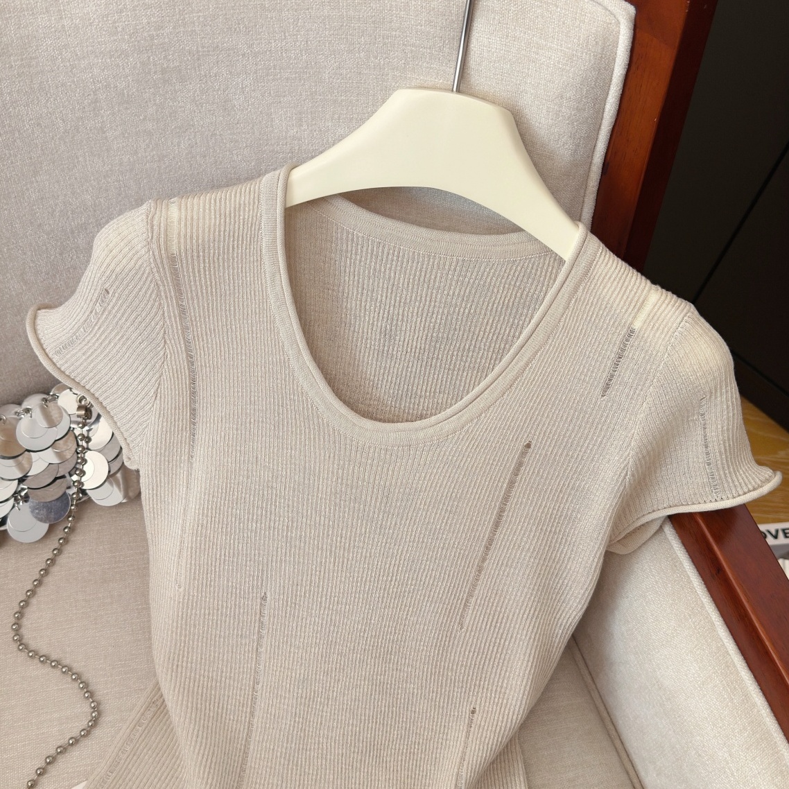 Women's Summer Openwork Knit Top Sweet Cool Style Slimming Versatile Short Sleeve - Image 3