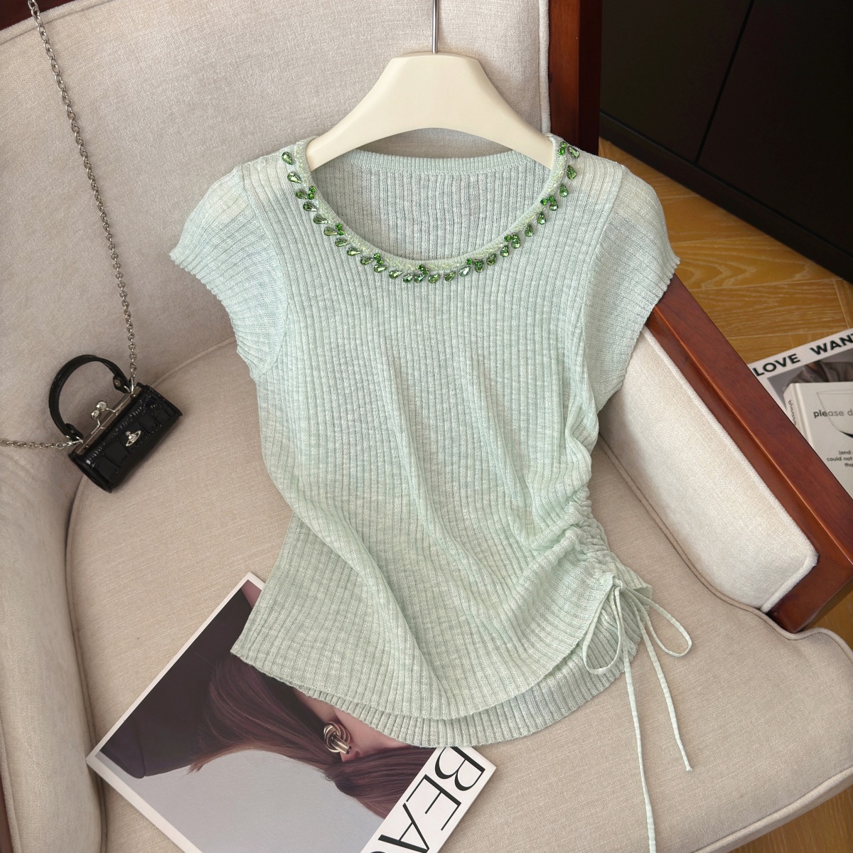 Women’s Drawstring Waist Slimming Knit Top with Beaded Short Sleeves Summer New