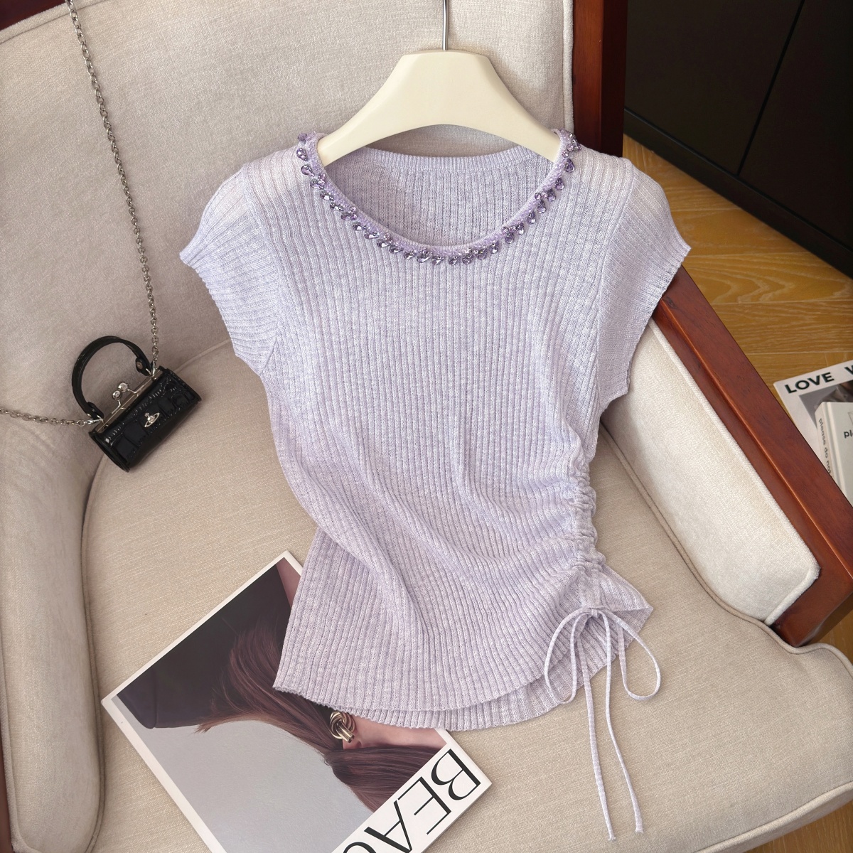 Women's Drawstring Waist Slimming Knit Top with Beaded Short Sleeves Summer New - Image 2