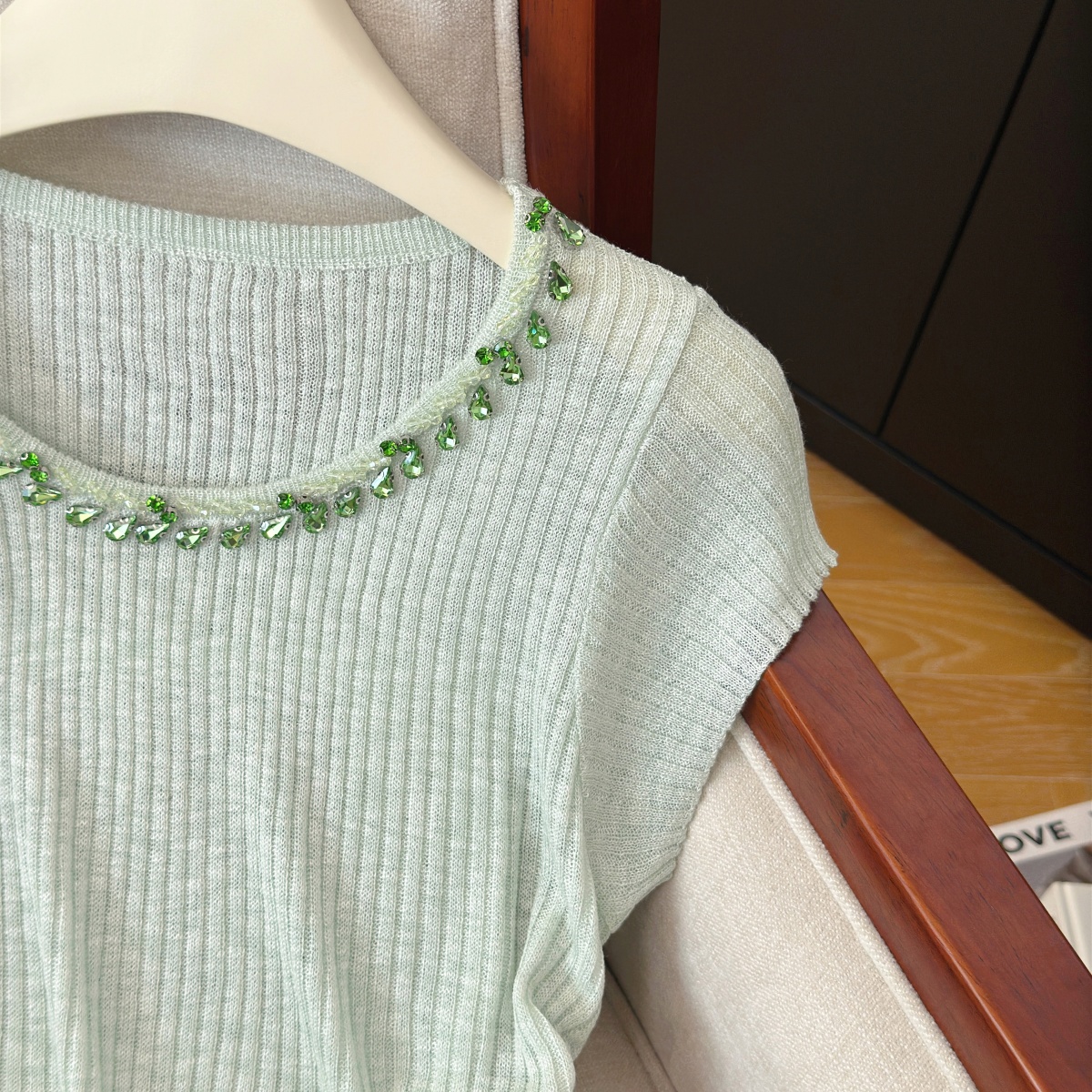 Women's Drawstring Waist Slimming Knit Top with Beaded Short Sleeves Summer New - Image 4