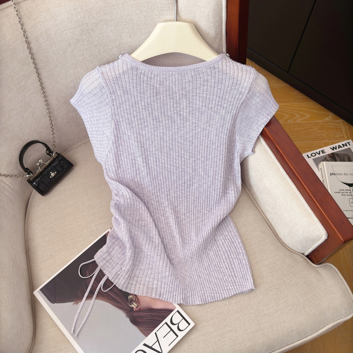 Women's Drawstring Waist Slimming Knit Top with Beaded Short Sleeves Summer New - Image 5