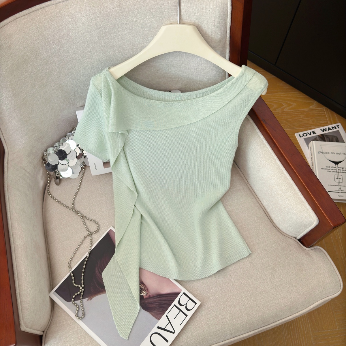 Sexy Asymmetric Slant Neck Knit Top with Ribbon Short Sleeve Women Summer Slim Fit