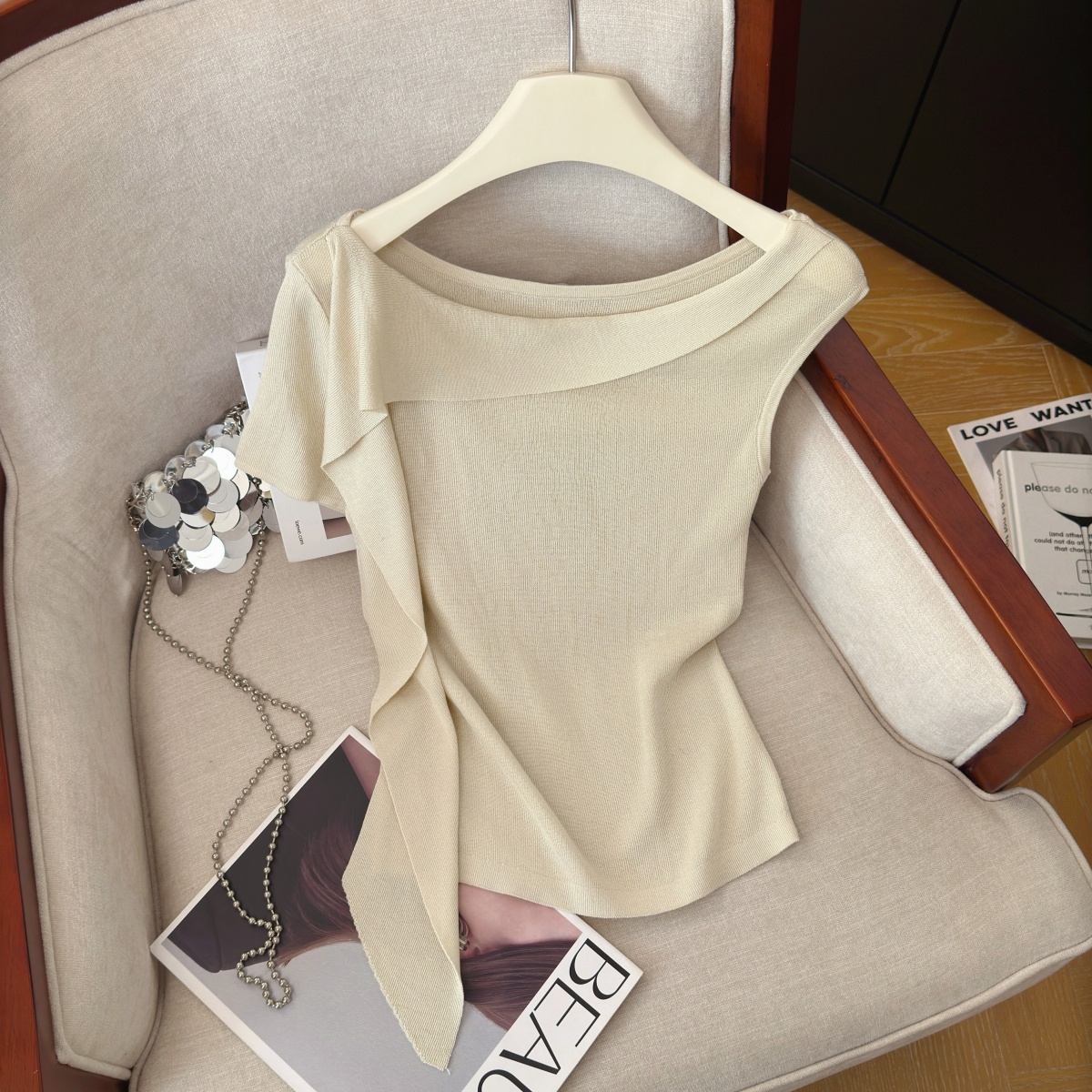 Sexy Asymmetric Slant Neck Knit Top with Ribbon Short Sleeve Women Summer Slim Fit - Image 2