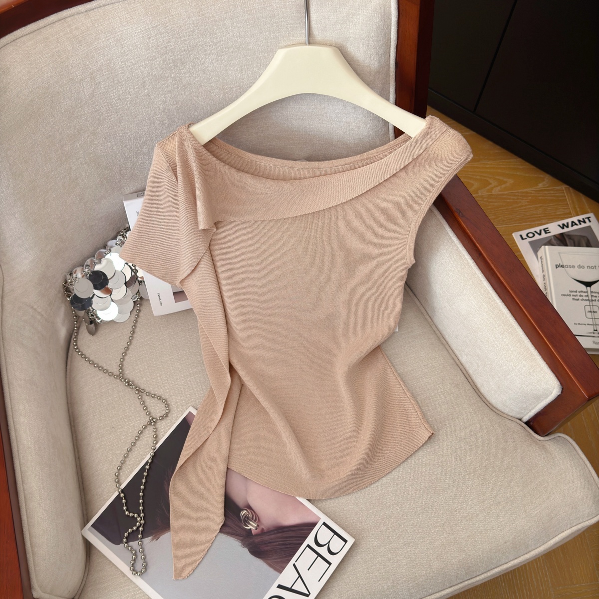 Sexy Asymmetric Slant Neck Knit Top with Ribbon Short Sleeve Women Summer Slim Fit - Image 4