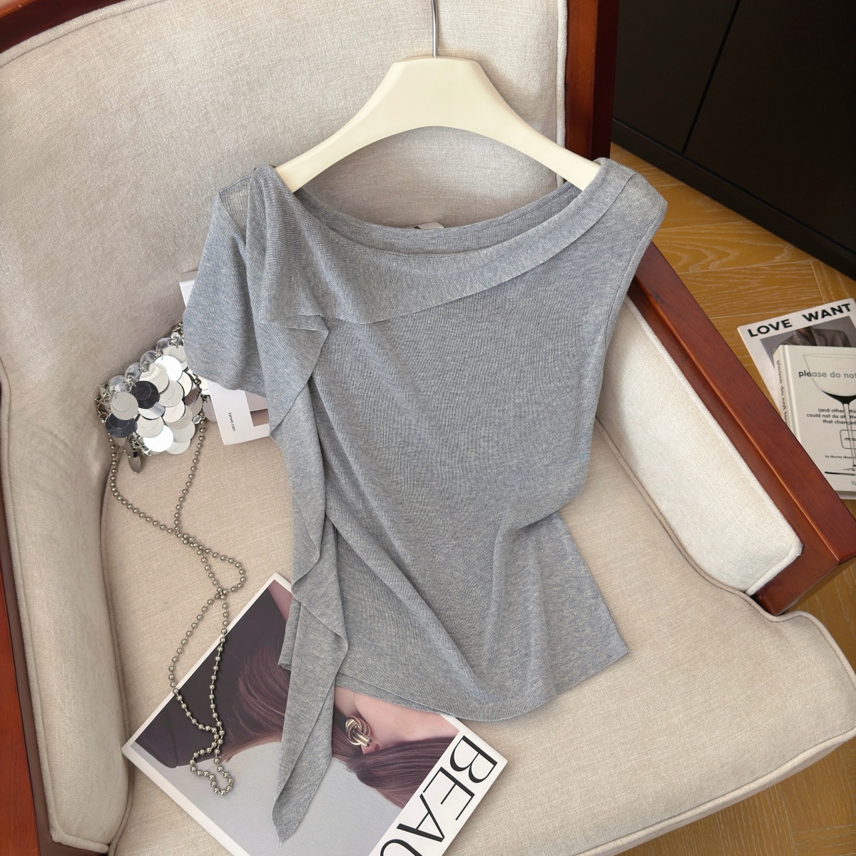 Sexy Asymmetric Slant Neck Knit Top with Ribbon Short Sleeve Women Summer Slim Fit - Image 3