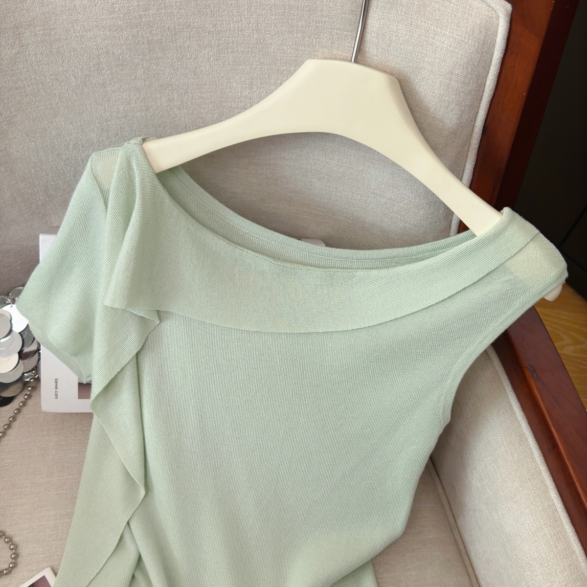 Sexy Asymmetric Slant Neck Knit Top with Ribbon Short Sleeve Women Summer Slim Fit - Image 5
