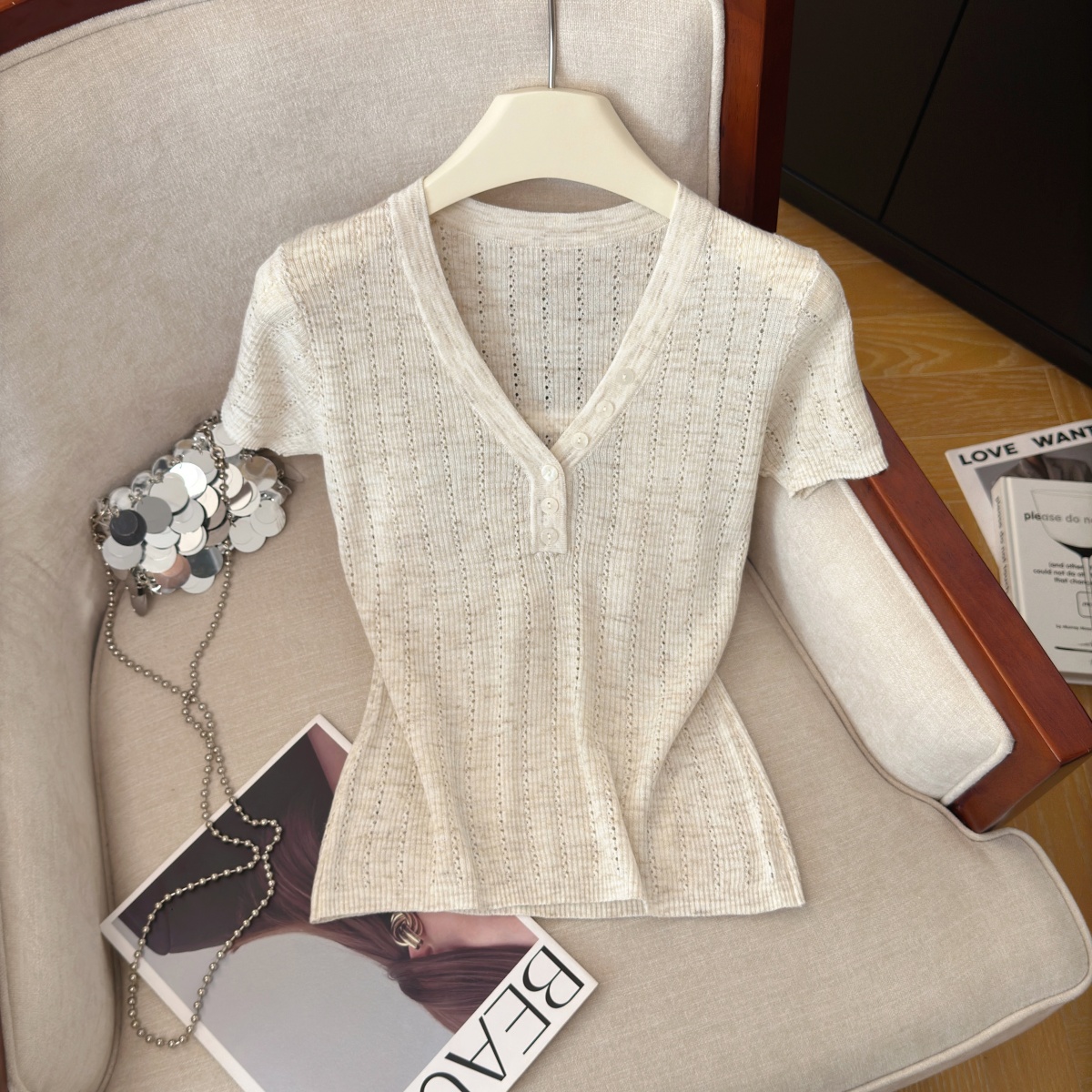 Women’s Openwork Knit V-Neck Short Sleeve Top Summer 2026