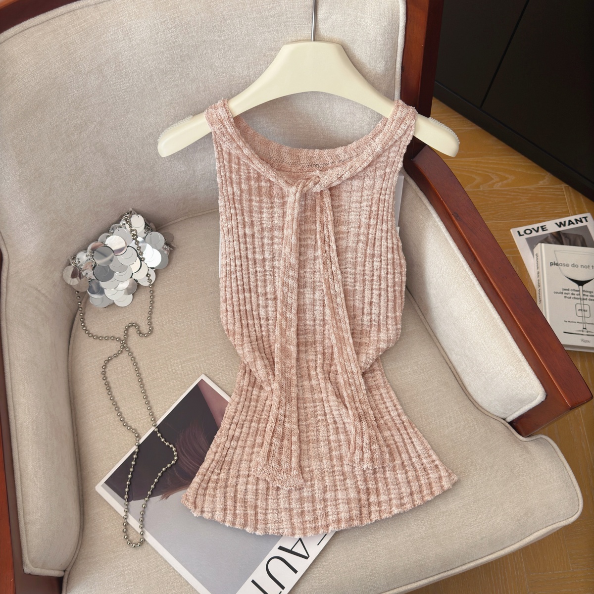 Women’s Sleeveless Knit Vest with Back Ribbon Detail Summer New Soft Comfortable Sexy Top