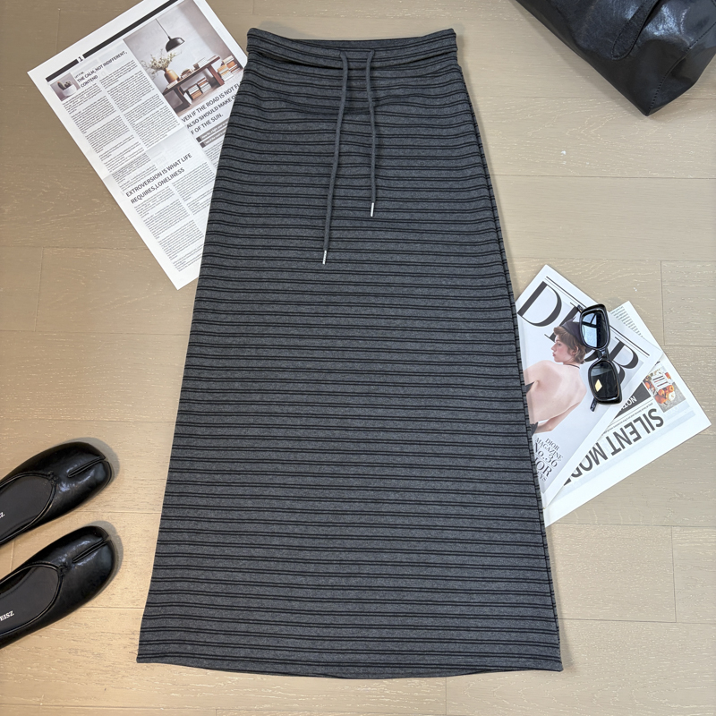 2026 Autumn Korean Retro Striped Drawstring Straight Long Skirt - Style b09e94 - Image 4