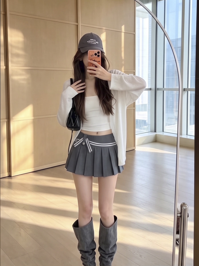 2026 Autumn Preppy Color Block Pleated Skirt Shorts High Waist A-Line Suit Fabric