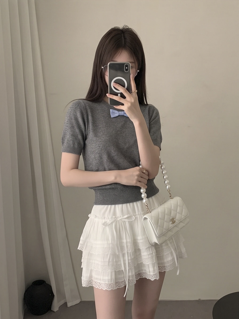 High Waist Lace Panel A-Line Puff Skirt with Bow Ribbon Corduroy Women’s Skirt