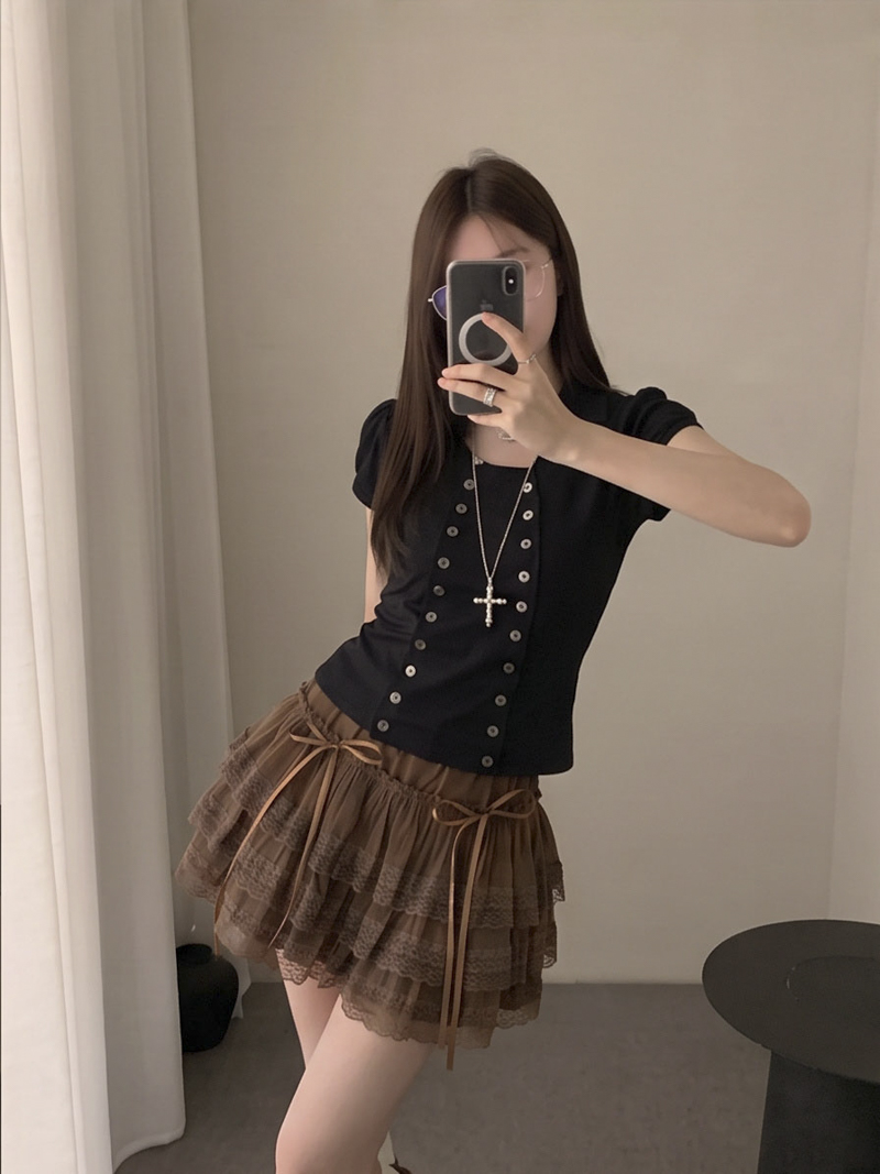 High Waist Lace Panel A-Line Puff Skirt with Bow Ribbon Corduroy Women's Skirt - Image 3
