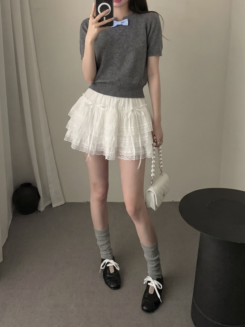 High Waist Lace Panel A-Line Puff Skirt with Bow Ribbon Corduroy Women's Skirt - Image 2